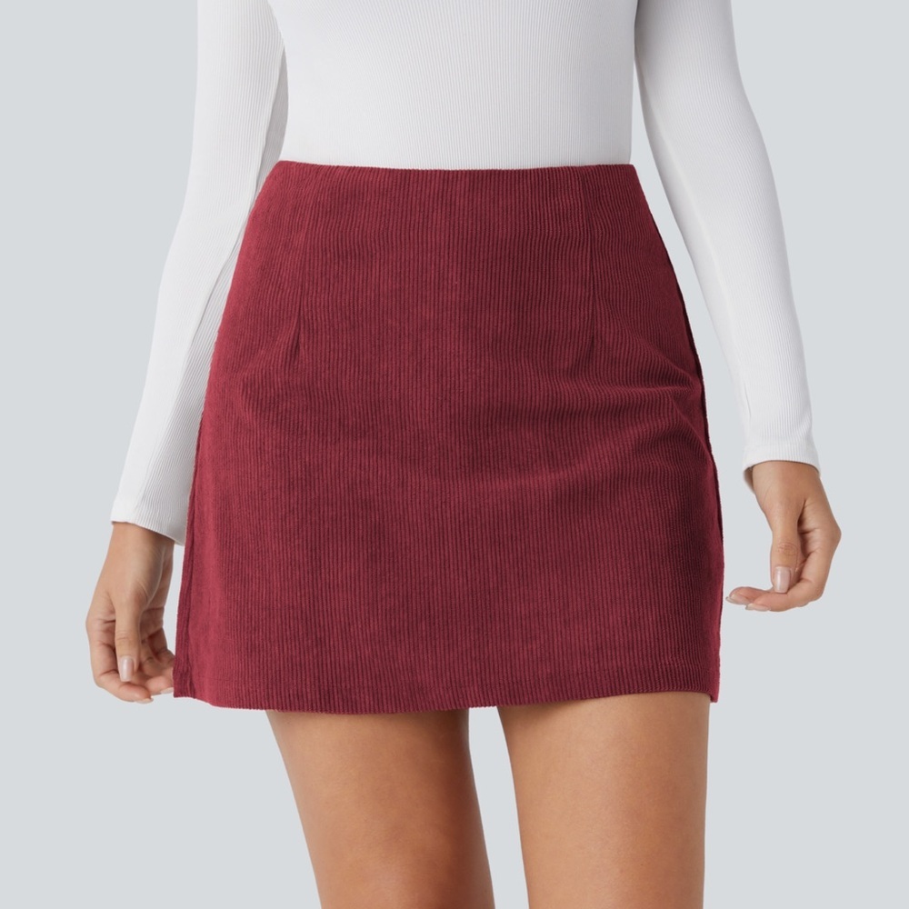 Halara High Waisted Invisible Zipper 2-in-1 A Line Mini Corduroy Casua skirt